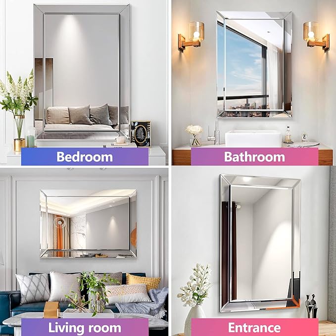 Pregaspor Mirror on Mirror Wall Mirror for Bathroom, 22" x 32" Rectangular Frameless Bathroom Vanity Mirrors for Wall, Polished Beveled Edge Decorative Mirrors for Living Room, Washroom and Bedroom