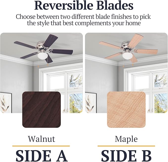 Prominence Home Alvina, 42 Inch Traditional Flush Mount Indoor LED Ceiling Fan with Light, Pull Chain, Dual Finish Blades, Reversible Motor - 80029-01 (Brushed Nickel)
