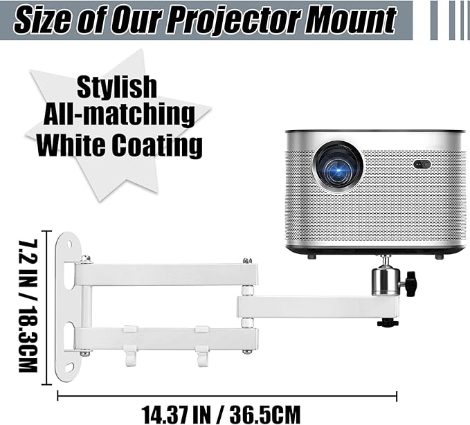 2-Be-Best Projector Wall Mount 14" Foldable Arm Mount Universal Projector Mounts Adjustable Bracket 1/4" M4 M6 Screw Size Quality Cold-Rolled Steel Upgraded White