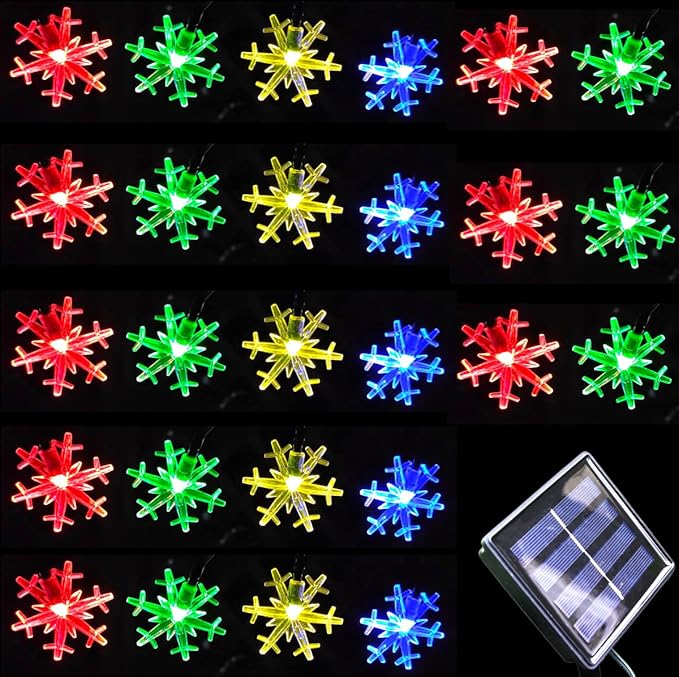 Solar Christmas Lights Outdoor Waterproof Decorations 20 Ft 30 LED Snowflake String Fairy Lights with 8 Lighting Modes for Wedding, Party, Tree, Room, Garden, Patio, Yard, Home