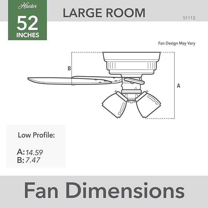 Hunter 52 inch Indoor Ceiling Fan with LED Lights - Ceiling Fan with Pull Chain, For Bedroom, Living Room, or Kitchen, Low Profile Mount, No Remote, 5 Blades - Builder 51113, Matte Silver