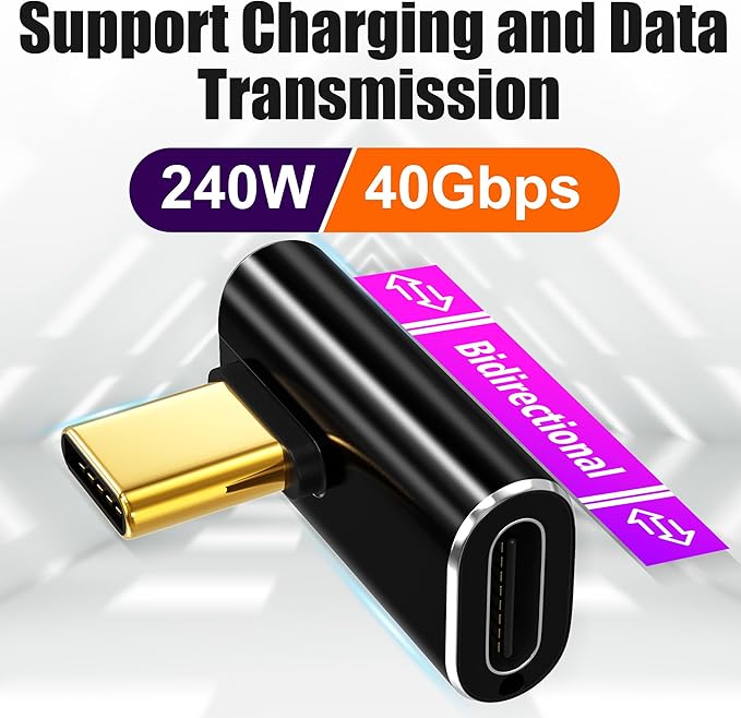 AGVEE 2 Pack Mid Angle USB4 USB-C Male to USB-C Female Adapter Converter Video USB 4.0 240W 40G Data Extension Coupler Connector, Black