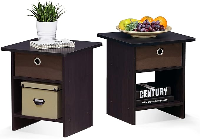 Furinno Dario End Table / Side Table / Night Stand / Bedside Table with Bin Drawer, 2-Pack, Dark Walnut
