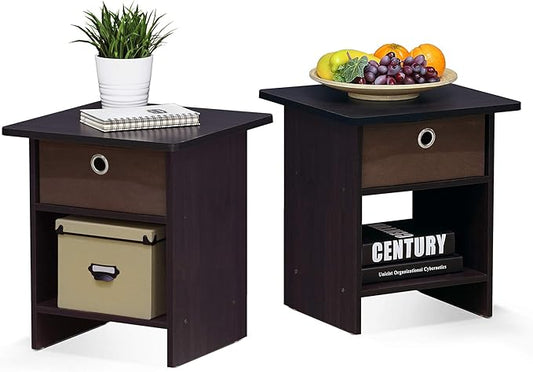 Furinno Dario End Table / Side Table / Night Stand / Bedside Table with Bin Drawer, 2-Pack, Dark Walnut