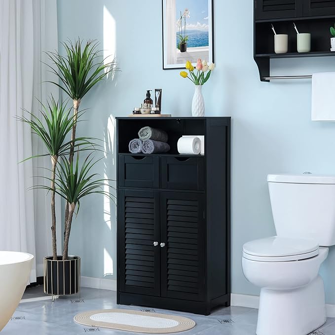 WEENFON Bathroom Storage Cabinet with 2 Drawers & 2 Shutter Doors, Floor Cabinet with Adjustable Shelf, for Living Room, Hallway, Home Office, Black