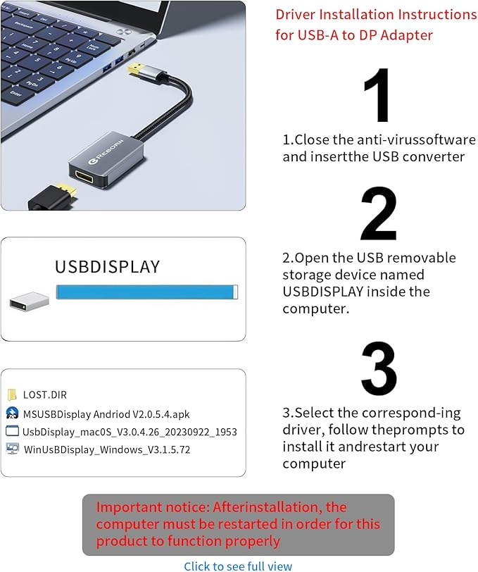 Reborn USB 3.0 to DisplayPort Adapter, 1080P@60Hz USB 3.0 Male to DisplayPort Female Multi-Display Cable Converter Suitable for MAC OS, Windows 7/8/10/11