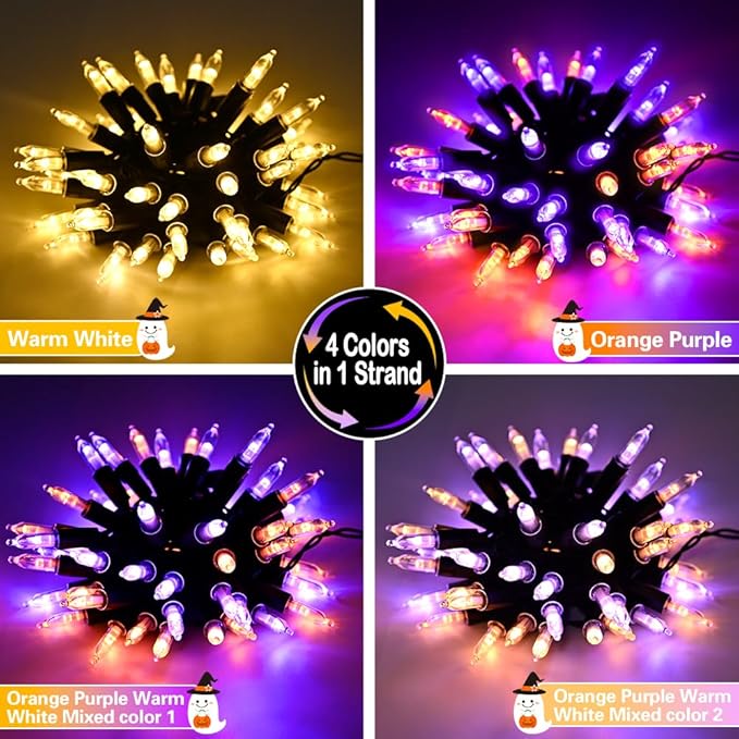 KOUQIYA Battery Halloween Lights 2 Pack, 17ft 50 LED Dual Color Changing Mini String Light with 3 Auto-Timer Options and12 Lighting Modes Waterproof Tree Lights (Orange Purple & Warm White)