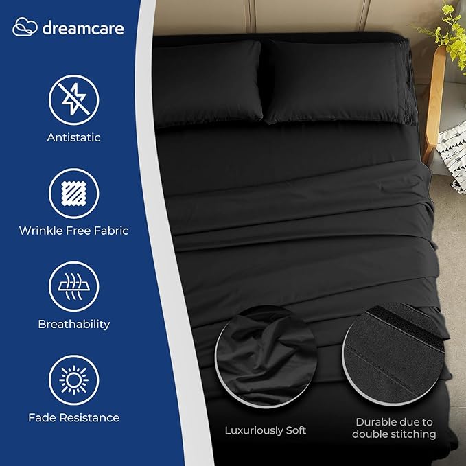 DREAMCARE Twin XL Sheet Sets - 4pc Cooling Sheets XL Twin Sheets - Twin XL up to 21” Deep Pocket – Hotel Luxury Extra Long 100% Brushed Microfiber with Side Pocket - Black