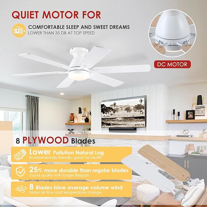 Ceiling Fans with Lights- 52" Low Profile Indoor Ceiling Fan with Light and Remote/APP Control, Flush Mount, 6 Blade, LED Dimmable DC Reversible Modern Ceiling Fan for Bedroom（White）