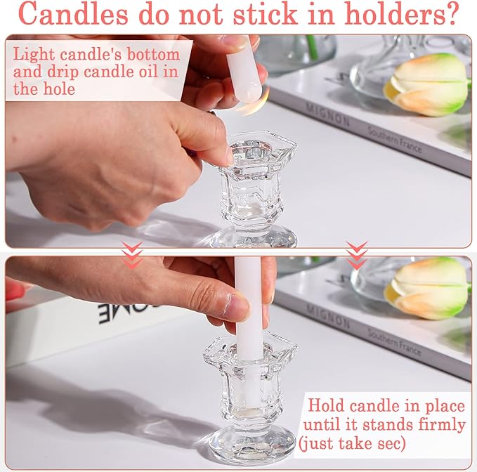 Candlestick Holders Bulk, 12 Pcs Glass Candle Holders Set Clear, Crystal Taper Candle Holder for Wedding, Table Centerpiece, Home Decoration