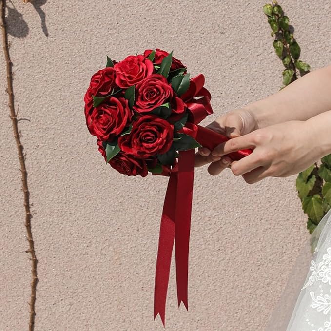 Wedding Bouquet Bride Flower Bridal Bouquets, Ribbon Artificial Rose Wedding Bouquets for Bride Bridesmaid Bouquet Dark Red Rose Bouquet Bride Bridesmaid Holding Flower for Wedding Decor