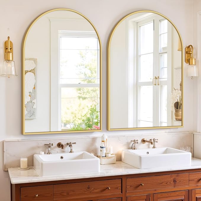 Sweetcrispy Arched Bathroom Mirror 36x25 Inch Gold Metal Framed Arch Vanity Mirror for Wall, Over Sink, Farmhouse, Restroom, Anti-Rust, Modern Decorative, Hanging or Leaning