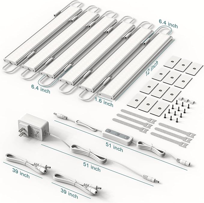 ASOKO Under Cabinet Led Light Plug in, Dimmable Daylight White 4000K, 6 Pack 12 inch Linkable Led Under Counter Lights 2500lm for Kitchen, Shelf, Workbench, Cupboard, Upgrade ETL Listed Plug 24V