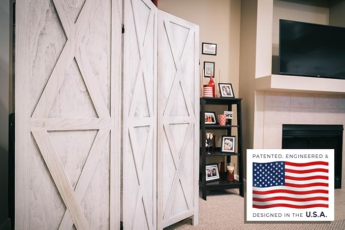 Premium Home 4-Panel Room Divider – Rustic White Barn Door, X Pattern Folding Privacy Screen, Partition Wall