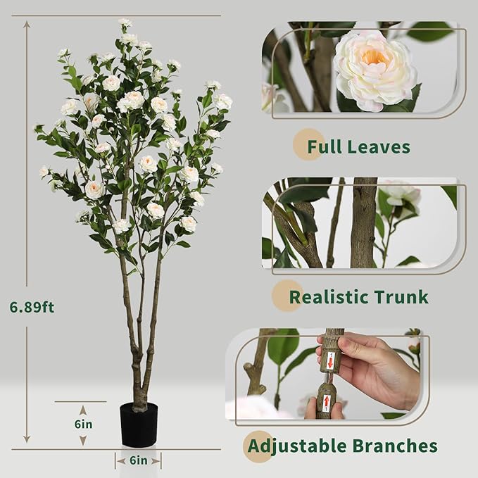 Faux Camellia Flower Tree 7ft(82in) Artificial Floor Plant for Indoor Decor Realistic Greenery Potted Tree with White Blooming Flowers and Natural Wood Trunk for Home Living Room,Office,Porch Decor