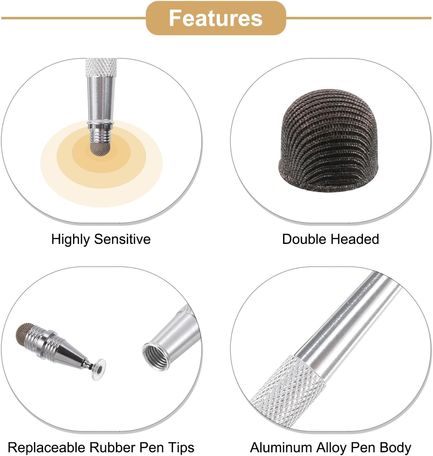 MECCANIXITY Stylus Pens for Capacitive Touch Screens, 2 in 1 Fine Point Disc & Fiber Tips, Silver