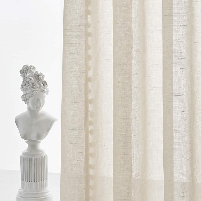Treatmentex Pom-Pom Polyester Sheer Curtains for Office Outdoor Curtains Bedroom Window Drapes 108 inches Long Rod Pocket Curtain Set for Living Room 2 Pack, Beige