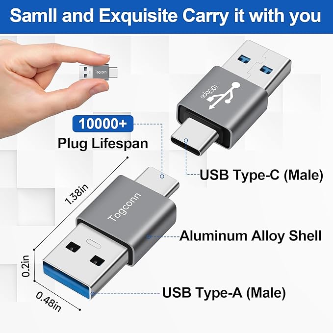 USB to USB C Adapter 4Pack, Type-C Male to USB Type-A Male Converter Connector,Support 3A Charge & 10Gbps Data Transfer Compatible with Phones, Computers, Tablet, Laptop and More