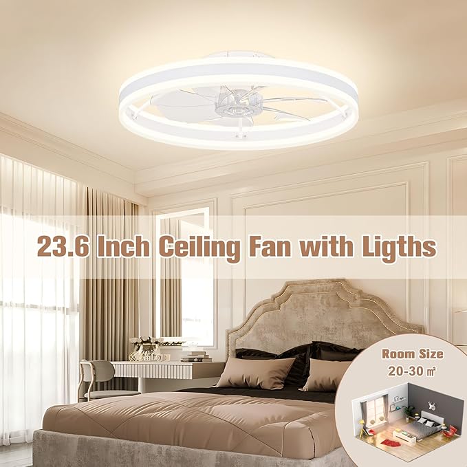 VOLISUN Low Profile Ceiling Fans with Lights and Remote, 23.6in Flush Mount Ceiling Fans with Light, 3000K-6500K Dimmable Fandelier LED Fan Light, White Bladeless Ceiling Fans with Lights for Bedroom
