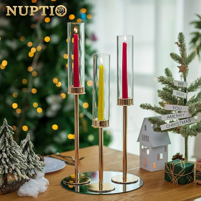 NUPTIO Hurricane Glass Candle Holders: Set of 6 Tall Gold Metal Candlestick Holder with Chimney Tube Brass Tiered Taper Candles Stands for Christmas Holiday Party Decoration 23.6 & 21.7 & 19.7 in