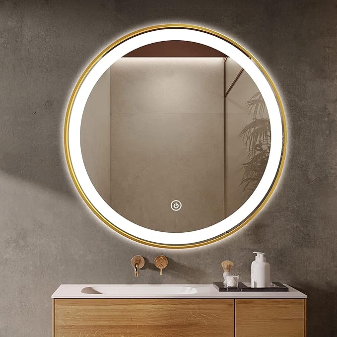 Round 24" LED Bathroom Mirror with Gold Frame, Stepless Dimmable, Anti-Fog, Shatter-Proof, Memory, 3 Colors, LED Vanity Mirror