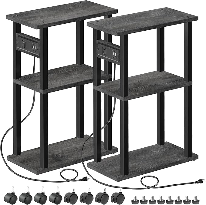 TUTOTAK Small Narrow Side Table with Charging Station, Set of 2, Skinny End Table for Small Spaces, Slim Nightstand with USB Ports and Outlet,Sofa Beside Table with Wheels, Charcoal Grey TB01BY047