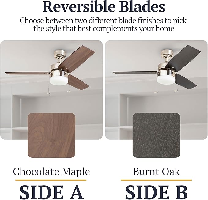 Prominence Home Reston, 42 Inch Modern Farmhouse LED Ceiling Fan with Light, Pull Chain, Dual Mounting Options, Dual Finish Blades, Reversible Motor - 51014-01 (Brushed Nickel)