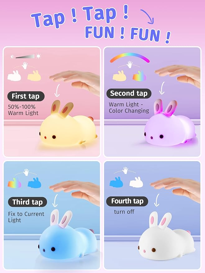 Mubarek Cute Night Light for Kids,16 Colors Kids Night Light for Girls Bunny Lamp,Dimmable Bunny Lamp,Tap Control+Rechargeable Gifts for Teen, Cute Room Decor for Teen Girls Gifts