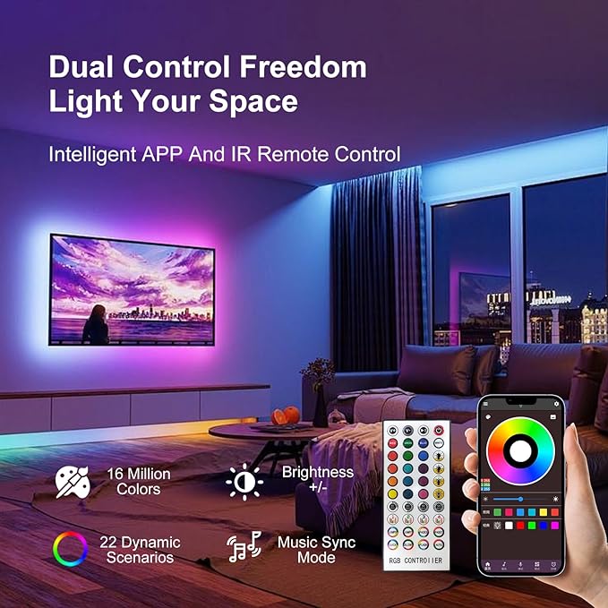 100 FT Led Lights for Bedroom, Music Synchronized RGB Bluetooth LED Lights, Smart Application and Remote Control Color Change LED Light Strips, Used for Home Room Lighting Decoration