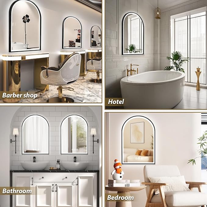 24x36 Inch Led Mirrors for Bathroom, Arch Vanity Mirror with Lights, Wall-Mounted Mirror with Bluetooth Speaker, Anti-Fog, Memory Function, 3 Color Temperature, Dimmable