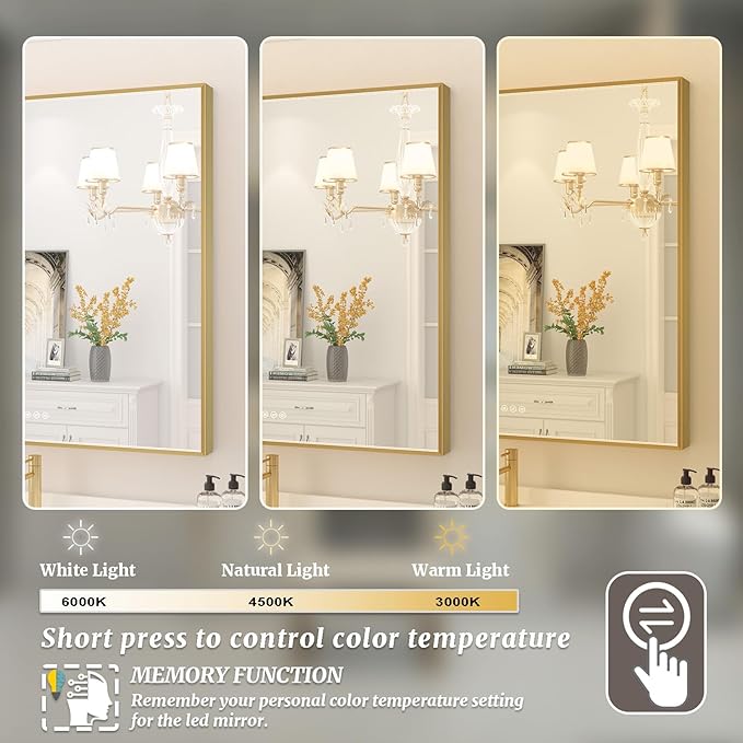 32x32 Inch LED Bathroom Mirror, Gold Metal Framed Lighted Mirror for Bathroom, Wall Mouted LED Vanity Mirror with Lights, 3 Colors and Stepless Dimmable, Anti-Fog, Memory