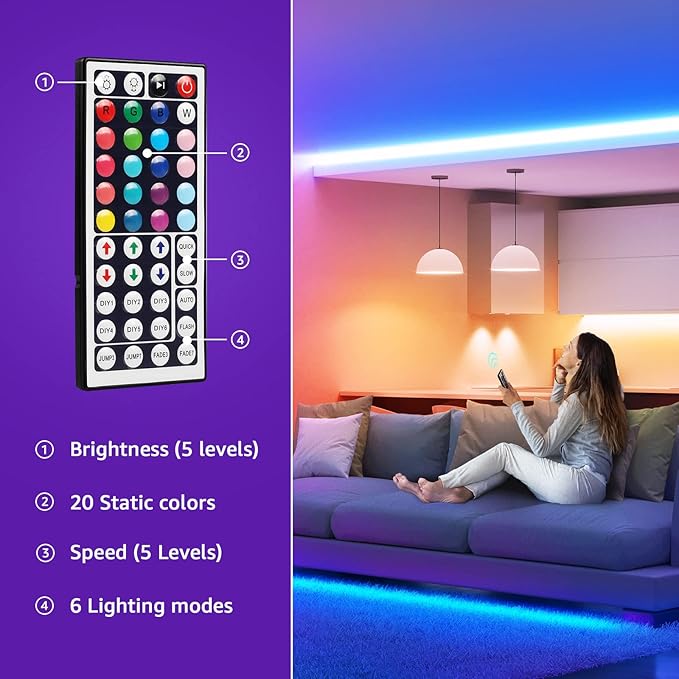 Lepro RGB LED Strip Lights, Christmas Decor, 16.4ft Flexible LED Light Strip, 5050 SMD LED, Color Changing Rope Light with Remote Controller and 24V Power Supply for TV Backlight, Home, Bedroom, Bar