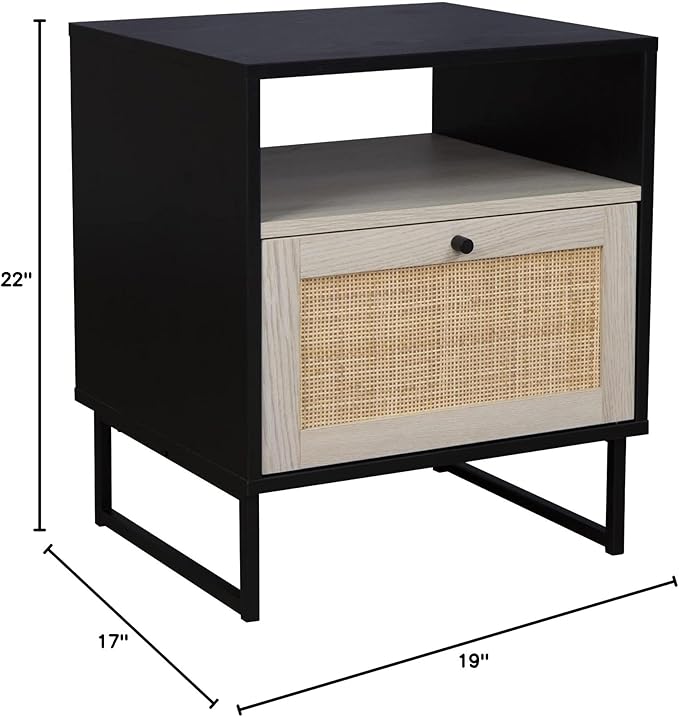 Nathan James Mina Rattan Wood End Side Accent Table Nightstand with Storage, Set of 2, Black Oak/Black