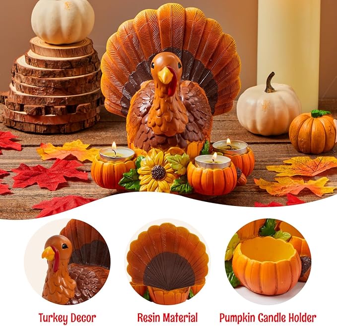 JOYIN Thanksgiving Turkey Candle Holders, Thanksgiving Turkey Tabletop Centerpiece Decor, Fall Centerpiece Table Decorations, Tea Light Pumpkin Candle Holder, Indoor Home, Kitchen Autumn Decor
