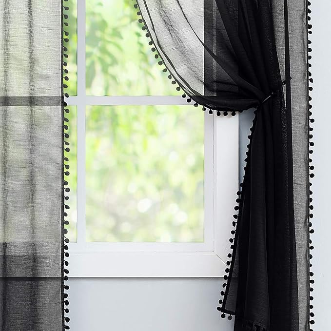 Treatmentex Modern Black Sheer Curtains for Studio 72 inches Long Bedroom Curtain Panels Living Room Bedroom Pom Pom Window Drapes 2-Pack