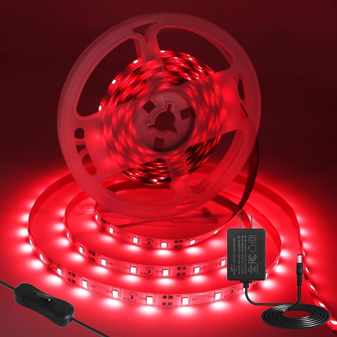 iNextStation Red LED Strip Light, 16.4ft 5M 2835 SMD 300 LEDs 12V Flexible Cuttable LED Tape Light for Bedroom Kitchen Cabinet Wardrobe TV (Power Adapter Included)