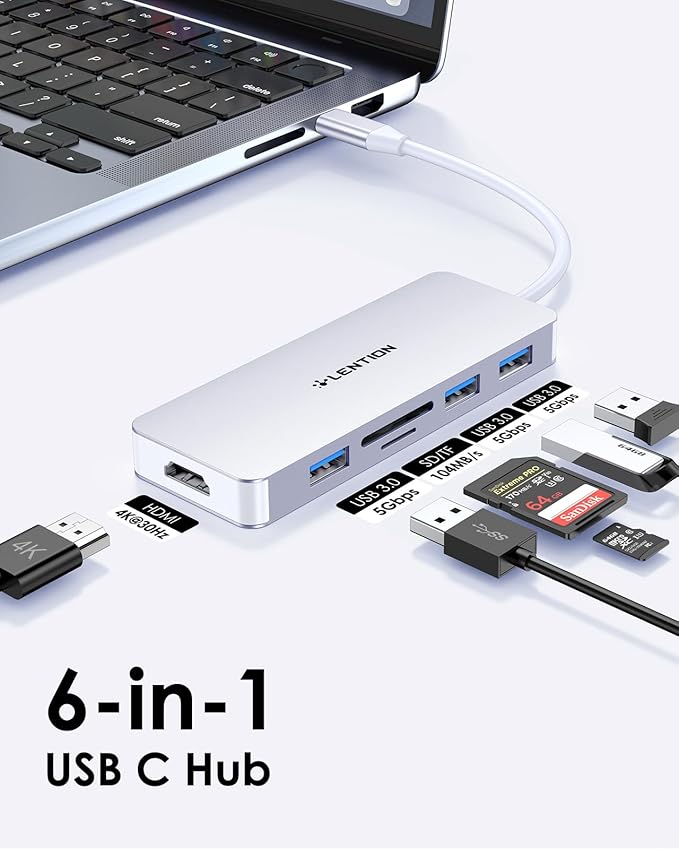 LENTION 5 in 1 USB to USB-C Adapter with Micro SD/SD Card Reader for iPhone, 4K@30Hz HDMI to USB C Hub Multiport Adapater with 3 USB 3.0 Compatible with 2025-2018 MacBook Pro/Air MacBook Neo(Silver)
