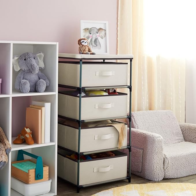 Juvale 4-Tier Dresser for Bedroom - 16.5 in L x 13 in W x 33 in H, Beige, Metal & Fabric - Freestanding Closet Organizer with Fabric Storage Drawers - Narrow Dresser & Cabinet with Drawers