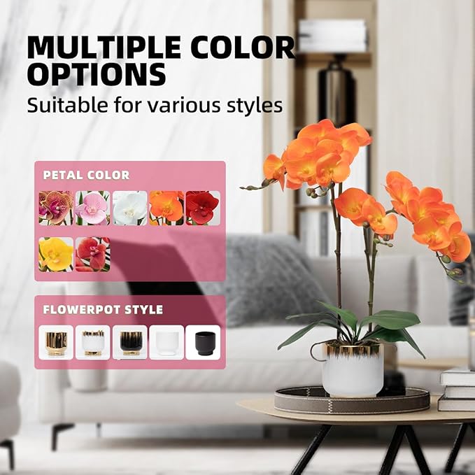 CXGS Orchids Artificial Flowers Real Touch Fake Flowers in Ceramic Pot 20" Orange Faux Orchid Plant Lifelike Silk Phalaenopsis for Centerpiece Hotel Home Indoor Decor