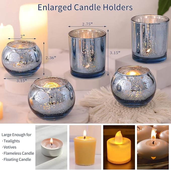 20 Pcs Assorted Blue Votive Candle Holders, Larger Size Mercury Glass Candle Holder Bulk, Glass Tea Light Candle Holders for Wedding Decorations, Blue Centerpieces for Tables, Baby Shower