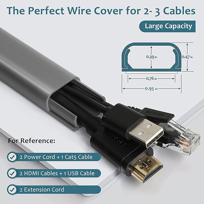 Cable Hider Raceway Kit, Wire Hiders for TV on Wall 68in, Paintable Cord Cover Channel, Cord Hider for Wall Mounted TV in Home Office, W0.95in X H0.47in, Grey