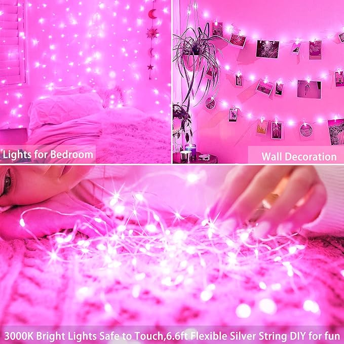 15 Packs 20 Led Pink Fairy String Lights Battery Operated 6.6ft Silver Wire Firefly Starry Lights Waterproof for Bedroom DIY Table Bottle Wedding Valentine's Day Party Decor