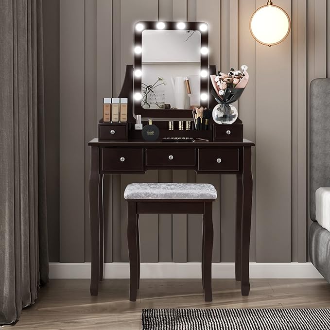 CHARMAID LED Vanity Desk with Lighted Mirror, 10 Dimming Bulbs, 5 Drawers, 3 Storage Organizers, Makeup Vanity Desk with Stool, Bedroom Dressing Table, Gift for Girls Women (Espresso)