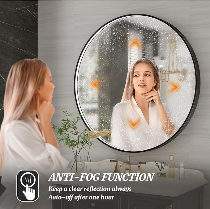 36 Inch Round LED Bathroom Mirror, Black Metal Framed Lighted Mirror for Bathroom, Wall Mouted LED Vanity Mirror with Lights, 3 Colors and Stepless Dimmable, Anti-Fog, Memory