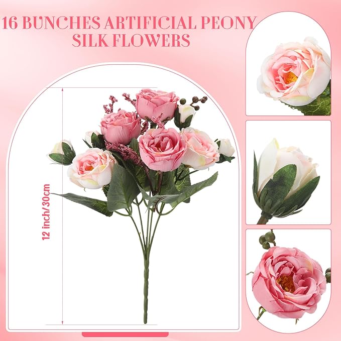 Geosar 16 Bundles Artificial Peonies Flowers Fake Silk Peony Bouquet Faux Peonies Flowers Bulk for Decoration Vase Floral Arrangements Wedding Party Table (Pink Lavender)