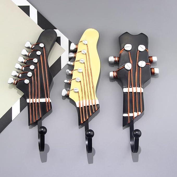 KUNGYO Vintage Guitar Shaped Decorative Hooks Rack Hangers for Hanging Clothes Coats Towels Keys Hats Metal Resin Hooks Wall Mounted Heavy Duty (3-Pack) (Guitar Hook-A)