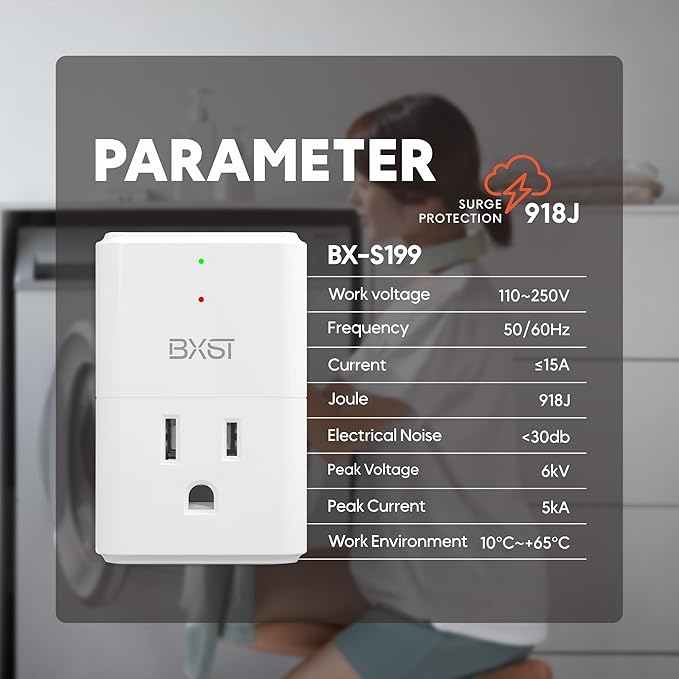 BXST 918J Single Outlet Surge Protector for Home Appliance Small Multi Function Plug with Surge Protection Wall Mount Power Suppressor for Refrigerator, TV, PC, Xbox, PS5, 120V, 1800W, 2 Pack
