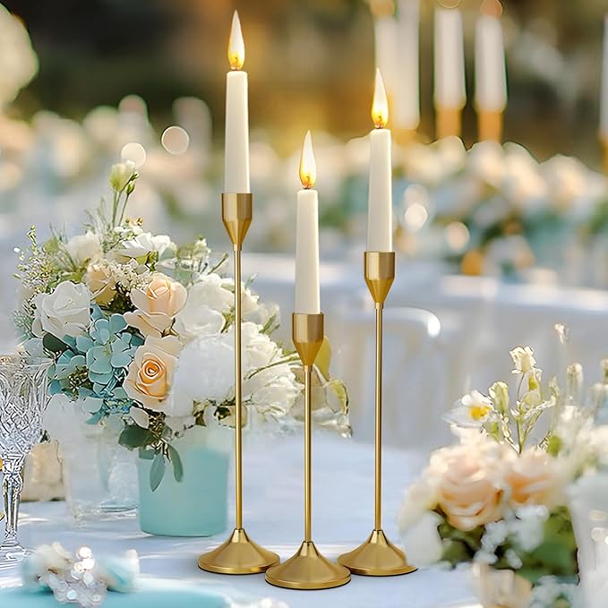 Brass Gold Metal Taper Candle Holder, Vintage Candlestick Holders, Candle Sticks Holder Decor for Wedding Wedding, Dinning, Party, Fits 3/4 inch Thick Candle&Led Candles (Set of 3 Pcs)