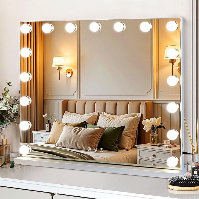 M MIVONDA Large Vanity Mirror with 17 Bulbs Lights, Hollywood Lighted Makeup Mirror for Desk and Wall, Dimmable 3 Lighting Modes, Plug-in & USB Charger Port
