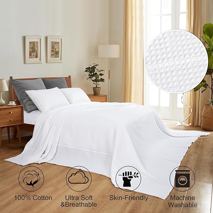 PHF Pre-Washed Cotton Waffle Weave Family Blanket,Oversized King Size 120"x 120"-Snag Proof Lightweight Breathable, 10'x 10' Huge Extra Large Big-Elegant Aesthetic Home Decoration Gift-White